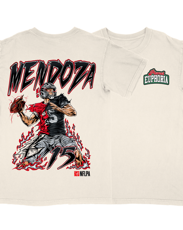 Fernando Mendoza Raiders graphic tee by Planet Euphoria in white, front and back view.