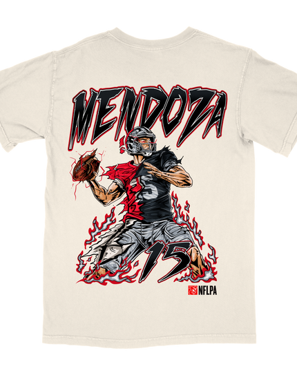 Fernando Mendoza Vegas Raiders graphic t-shirt in white, front view.