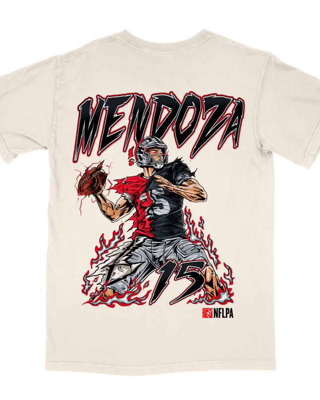 Fernando Mendoza Vegas Raiders graphic t-shirt in white, front view.