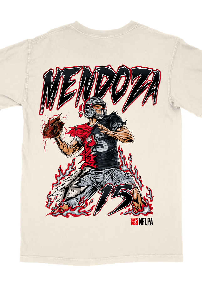 Fernando Mendoza Vegas Raiders graphic t-shirt in white, front view.