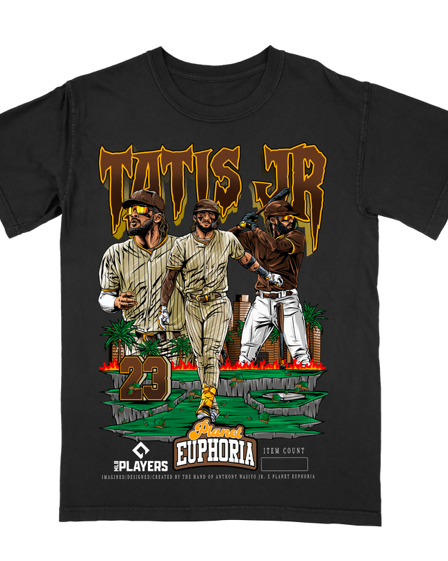 Fernando Tatis Jr. El Bebo Padres graphic tee by Planet Euphoria in black, front view.