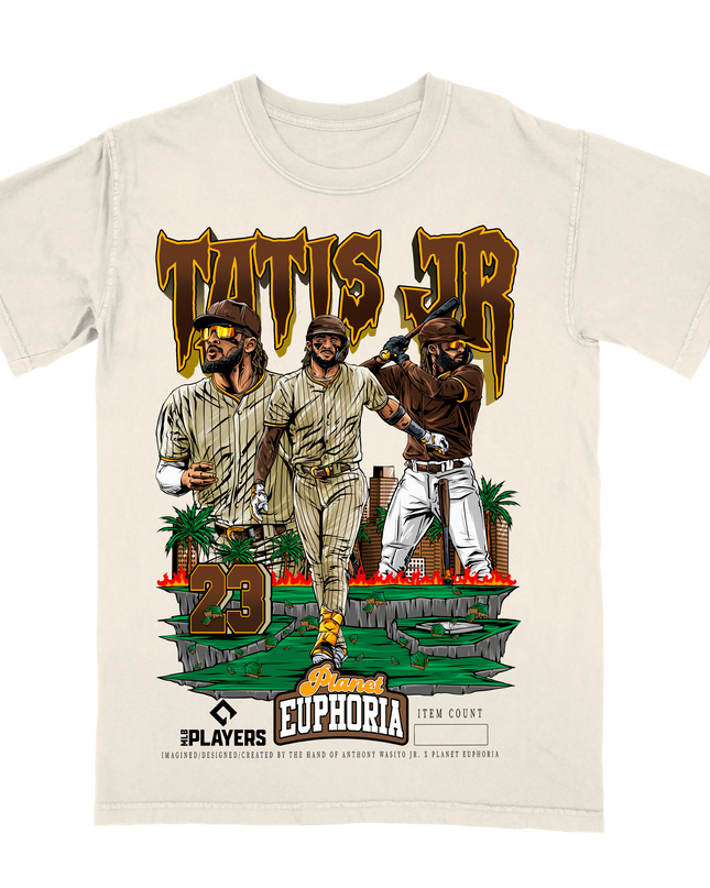 Fernando Tatis Jr. El Bebo Padres graphic tee by Planet Euphoria in off-white, front view.