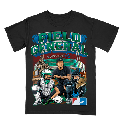 Field General Catchers College World Series graphic tee by Planet Euphoria in black, front view.