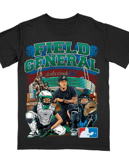 Field General Catchers College World Series graphic tee by Planet Euphoria in black, front view.