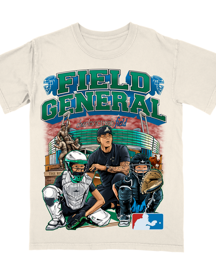 Field General Catchers College World Series graphic tee by Planet Euphoria in off-white, front view.