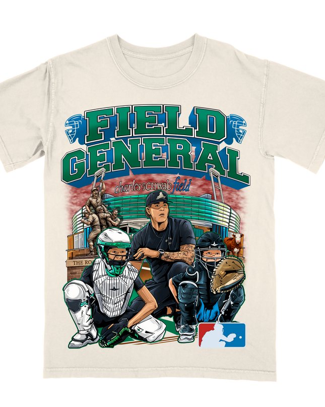 Field General Catchers College World Series graphic tee by Planet Euphoria in off-white, front view.
