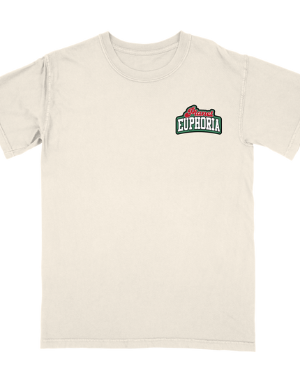 Graphic t-shirt from Planet Euphoria, off-white shirt, front view