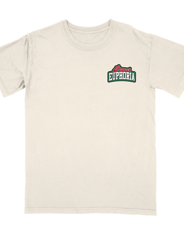 Graphic t-shirt from Planet Euphoria, off-white shirt, front view