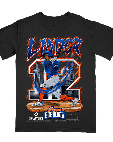 Francisco Lindor Mets #12 MLB Player graphic tee by Planet Euphoria in black, front view.