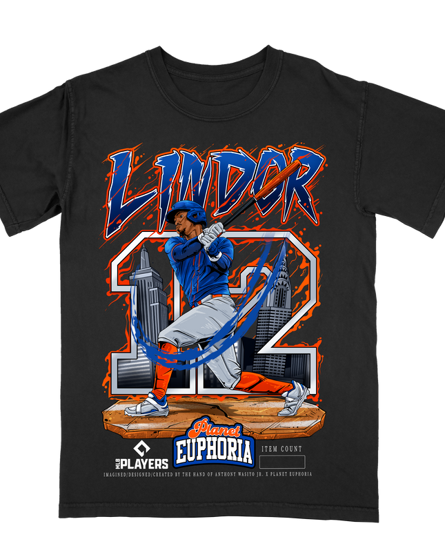 Francisco Lindor Mets #12 MLB Player graphic tee by Planet Euphoria in black, front view.