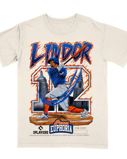 Francisco Lindor NY Mets #12 MLBPA  graphic tee by Planet Euphoria in off-white, front view.
