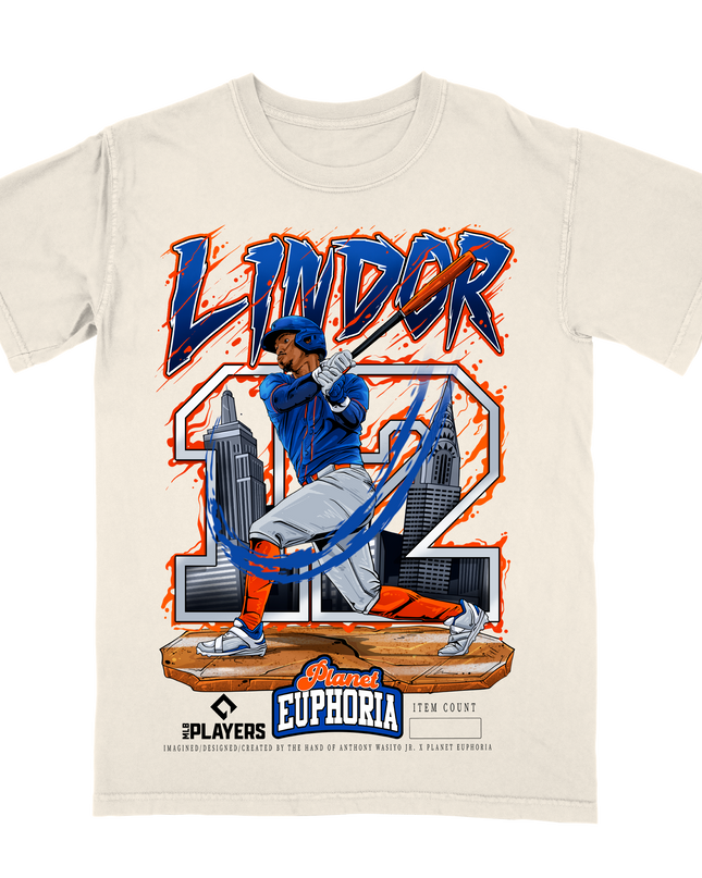 Francisco Lindor NY Mets #12 MLBPA  graphic tee by Planet Euphoria in off-white, front view.