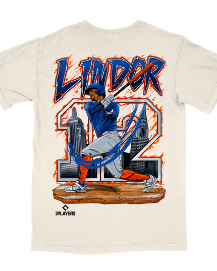 Francisco Lindor New York Mets MLB graphic tee by Planet Euphoria in off-white, back view.