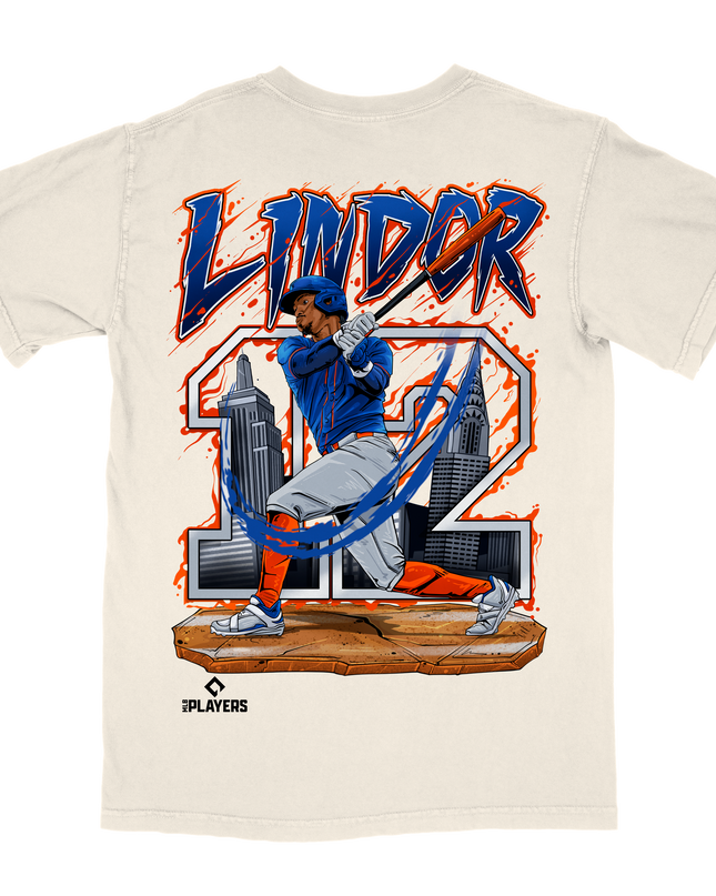 Francisco Lindor New York Mets MLB graphic tee by Planet Euphoria in off-white, back view.