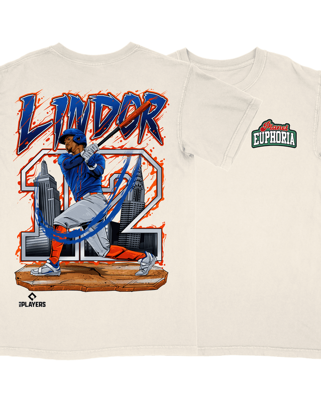 Francisco Lindor New York Mets MLBPA graphic tee by Planet Euphoria in off-white, front and back view.