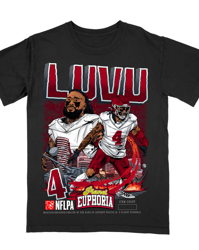 Frankie Luvu Washington football player graphic tee by Planet Euphoria in black, front view.