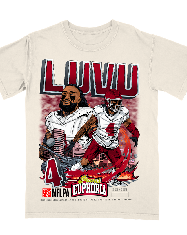 Frankie Luvu Washington football player graphic tee by Planet Euphoria in off-white, front view.