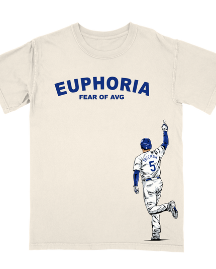 Freddie Freeman LA 'Fear of Average' home-run trot T-shirt by Planet Euphoria in off-white, front view.