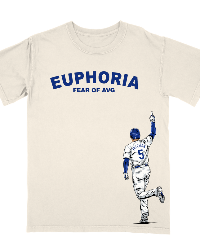Freddie Freeman LA 'Fear of Average' home-run trot T-shirt by Planet Euphoria in off-white, front view.