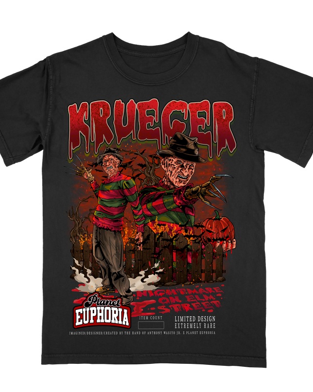 Freddy Krueger Nightmare on Elm Street graphic tee by Planet Euphoria in black, front view.