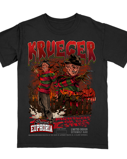 Freddy Krueger Nightmare on Elm Street graphic tee by Planet Euphoria in black, front view.