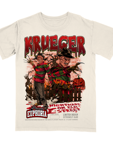 Freddy Krueger Nightmare on Elm Street graphic tee by Planet Euphoria in off-white, front view.