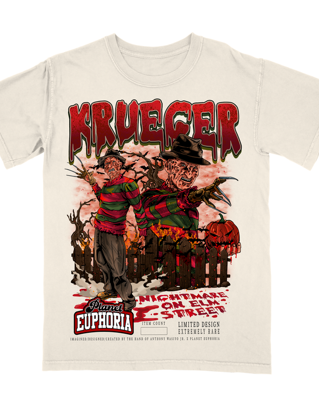 Freddy Krueger Nightmare on Elm Street graphic tee by Planet Euphoria in off-white, front view.