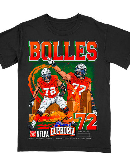 Garrett Bolles Denver NFL Player graphic tee by Planet Euphoria in black, front view.