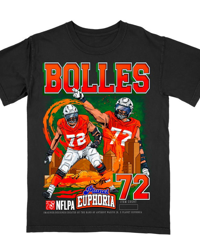 Garrett Bolles Denver NFL Player graphic tee by Planet Euphoria in black, front view.