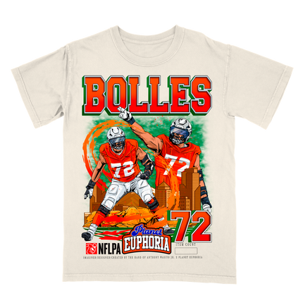 Garrett Bolles Denver NFL Player graphic tee by Planet Euphoria in off-white, front view.