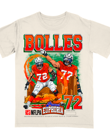 Garrett Bolles Denver NFL Player graphic tee by Planet Euphoria in off-white, front view.