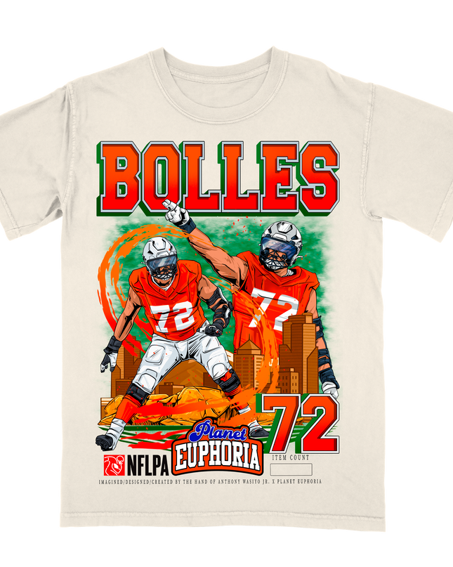 Garrett Bolles Denver NFL Player graphic tee by Planet Euphoria in off-white, front view.