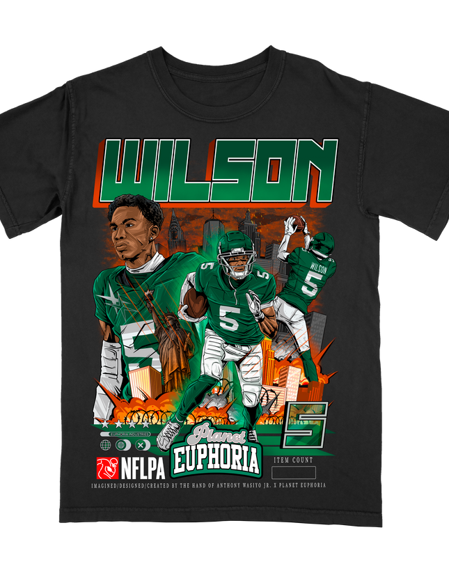 Garrett Wilson NY Jets NFLPA graphic 
t-shirt by Planet Euphoria in black, front view.