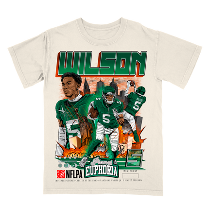 Garrett Wilson NY Jets NFL player graphic  t-shirt by Planet Euphoria in off-white, front view.