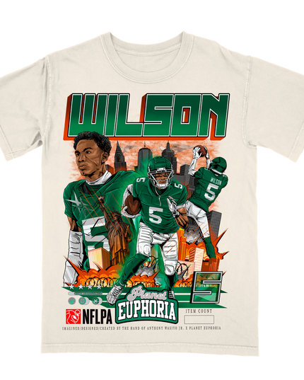 Garrett Wilson NY Jets NFL player graphic  t-shirt by Planet Euphoria in off-white, front view.