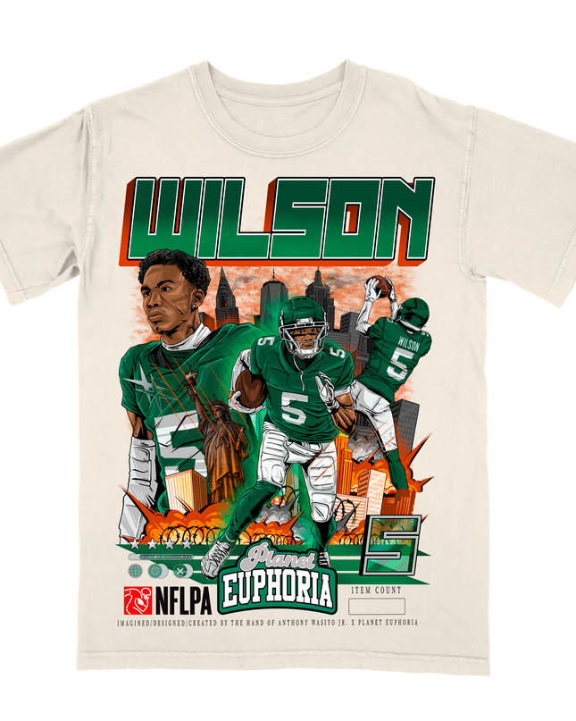 Garrett Wilson NY Jets NFL player graphic  t-shirt by Planet Euphoria in off-white, front view.