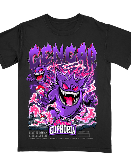 Gengar black T-shirt featuring a colorful hand-drawn art work from the Planet Euphoria series, with pink and purple accents and flames.