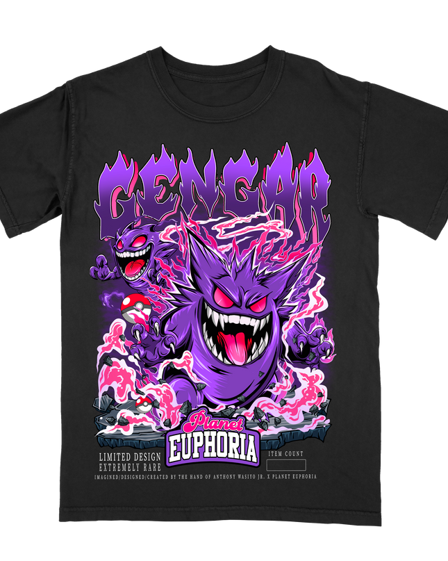 Gengar black T-shirt featuring a colorful hand-drawn art work from the Planet Euphoria series, with pink and purple accents and flames.