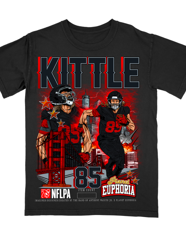 George Kittle San Francisco 49ers graphic player t-shirt by Planet Euphoria in black, front view.
