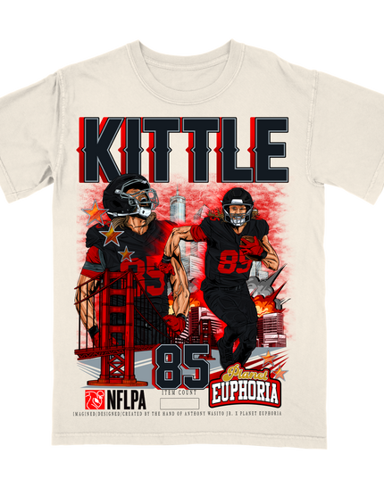 George Kittle San Francisco 49ers graphic player t-shirt by Planet Euphoria in off-white, front view.