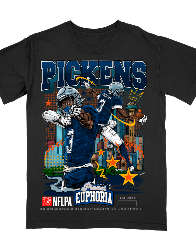 George Pickens Cowboys NFL player graphic tee V2 by Planet Euphoria in black, front view.