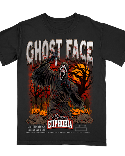 SCREAM Ghost Face graphic tee by Planet Euphoria in black, front view.