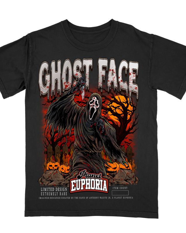 SCREAM Ghost Face graphic tee by Planet Euphoria in black, front view.