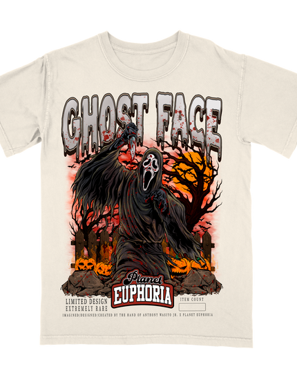 SCREAM Ghost Face graphic tee by Planet Euphoria in off-white, front view.