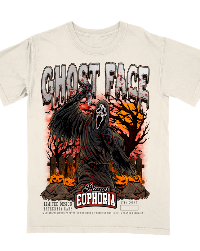 SCREAM Ghost Face graphic tee by Planet Euphoria in off-white, front view.