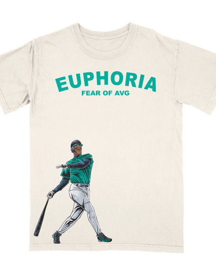 Ken Griffey Jr. Seattle EUPHORIA 'FEAR OF AVG' graphic t-shirt by Planet Euphoria in off-white, front view.