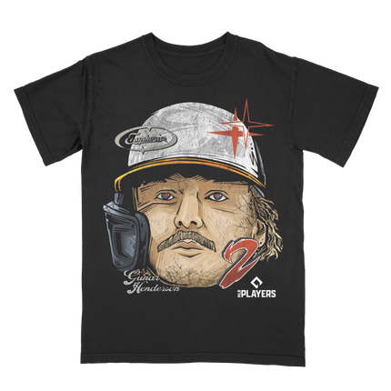 Gunnar Henderson Baltimore Orioles Fat Head baseball graphic t-shirt from Planet Euphoria, black shirt, front view