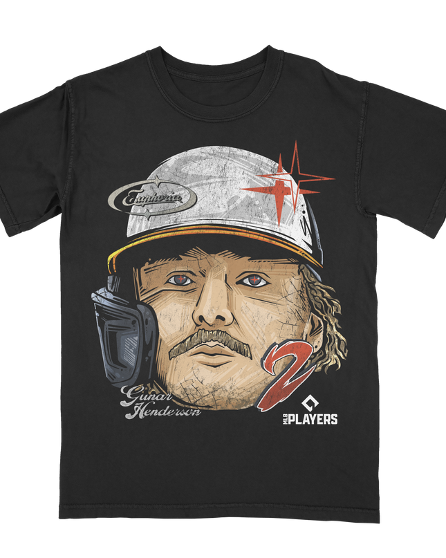 Planet Euphoria Gunnar Henderson Fat Head baseball tee in black, front view.