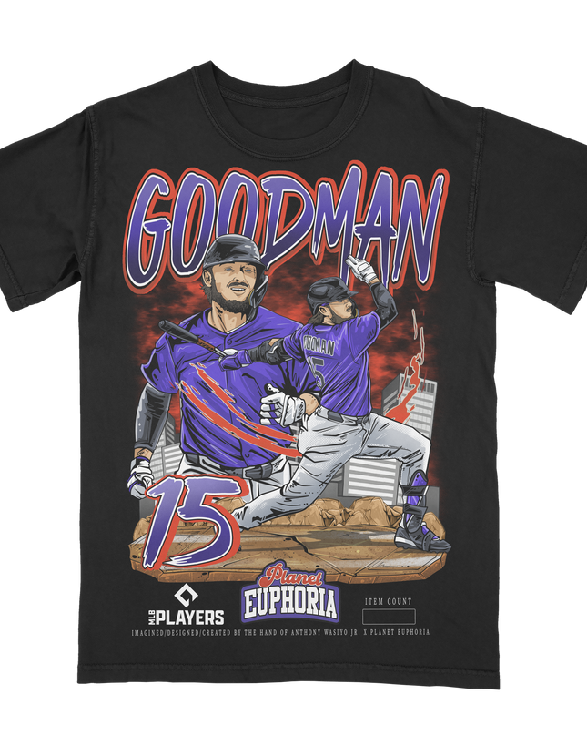 Planet Euphoria Hunter Goodman baseball graphic tee in black, front view.