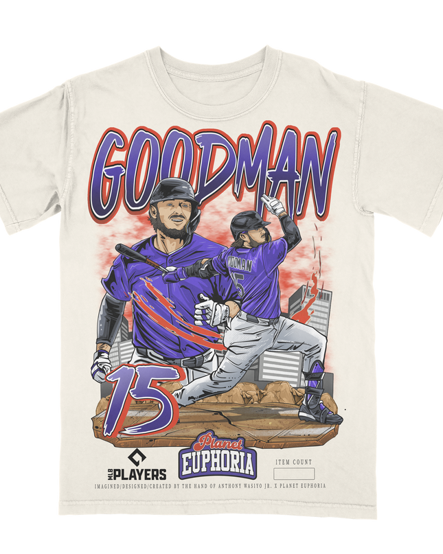 Planet Euphoria Hunter Goodman baseball graphic tee in off-white, front view.